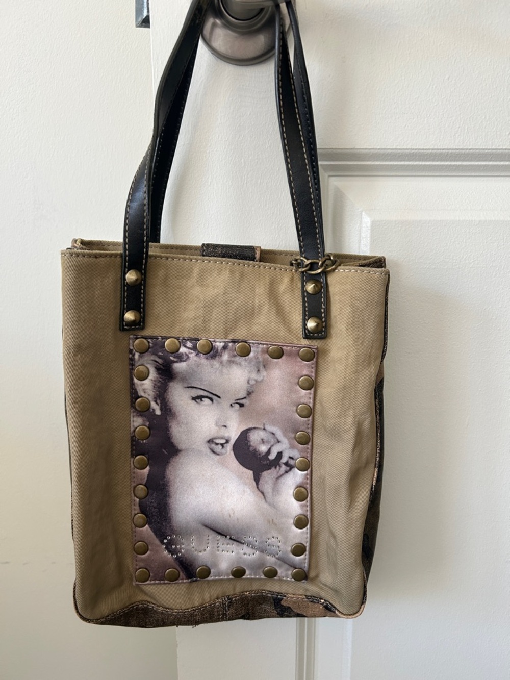 Guess Vintage Beige Canvas Studded Tote Bag with Photo Panel